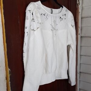 Anthropologie White Eyelet Knit Sweatshirt Top Sz Medium